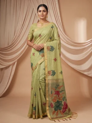 Green Handloom Saree for Women | Beautiful Floral Traditional Style Sarees Hover Image