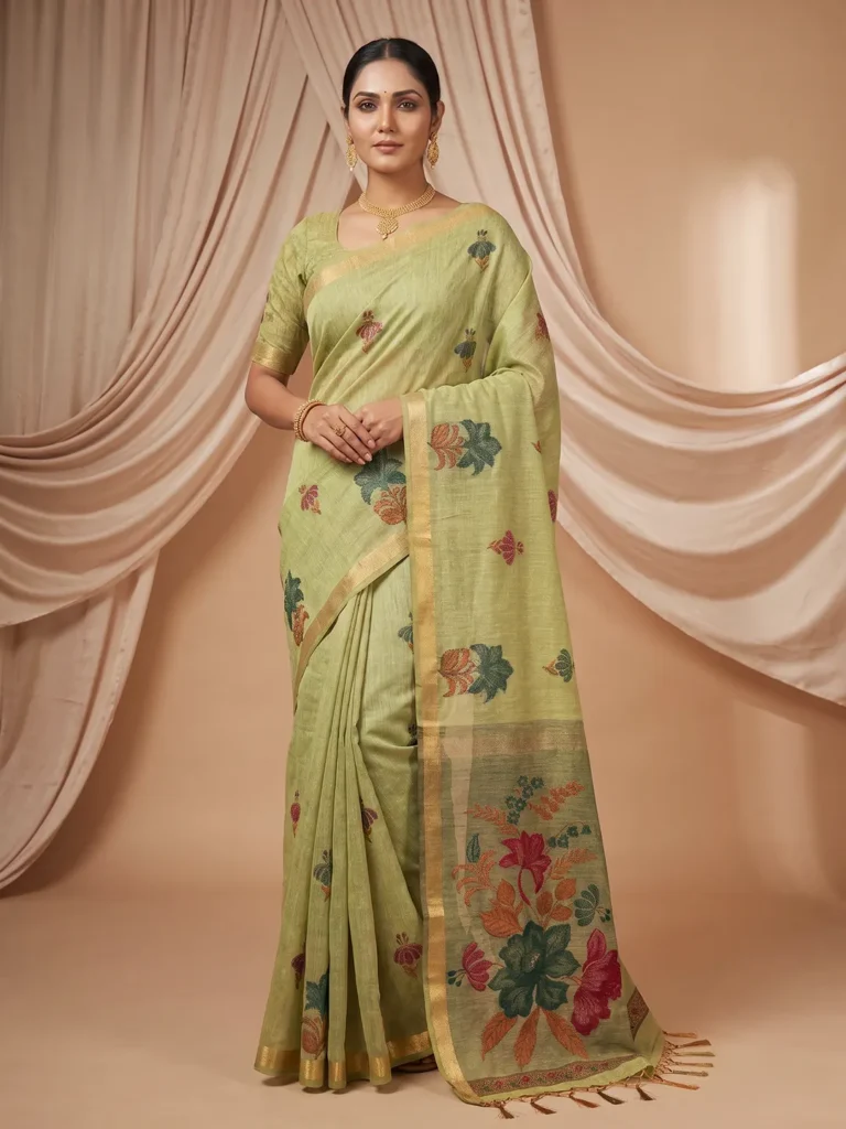 Green Handloom Saree for Women | Beautiful Floral Traditional Style Sarees Hover Image
