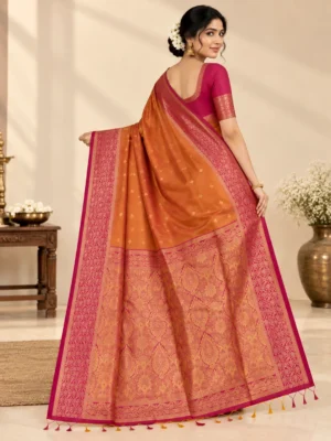 Shruti Salem Silk Saree - Orange with Pink Zari Border Hover Image