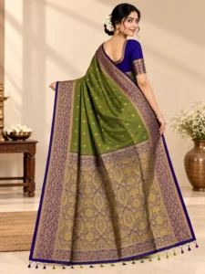 Shruti Salem Silk Saree - Olive Green with Royal Blue Zari Border Hover Image