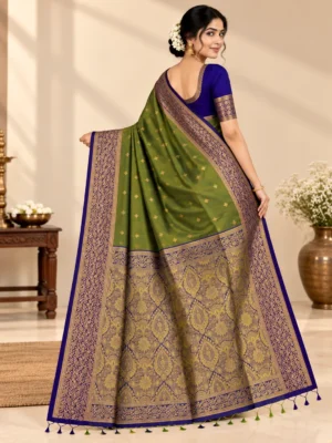 Shruti Salem Silk Saree - Olive Green with Royal Blue Zari Border Hover Image