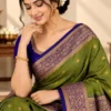 Green Salem Silk Saree with royal blue zari border and golden motifs