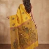 Yellow Handloom Saree for Women with traditional peacock motif and detailed pallu