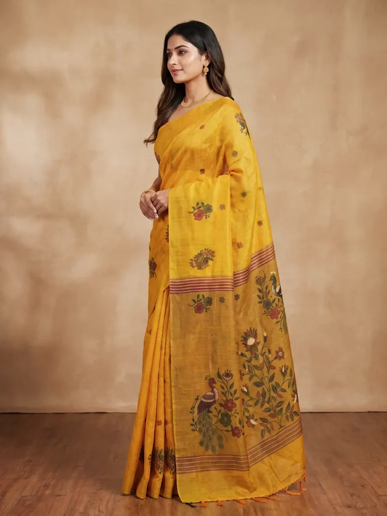 Yellow Handloom Saree for Women - Elegant Traditional Style Sarees Hover Image
