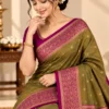 Olive green Salem Silk Saree with magenta floral zari border and gold motifs