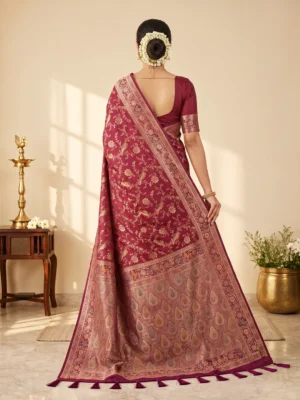 SAARVIYA Wine Maroon Satin Silk Saree | Elegant Meenakari Shikargah Bird Jaal & Zari Pallu Hover Image