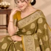 Olive green Satin Silk Saree with antique gold zari motifs