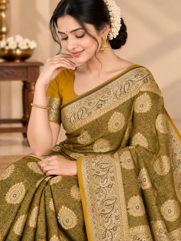 Elegant Satin Silk Saree - Olive Green with Antique Gold Zari | Saarviya Hover Image