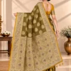 Olive green Satin Silk Saree with gold zari border and detailed pallu