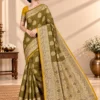 SAARVIYA olive green Satin Silk Saree with antique gold zari