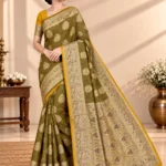 SAARVIYA olive green Satin Silk Saree with antique gold zari