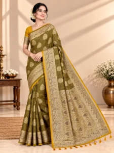 Elegant Satin Silk Saree - Olive Green with Antique Gold Zari | Saarviya