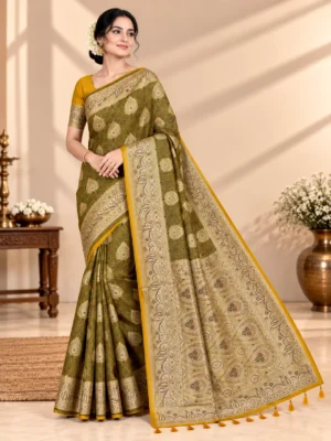 SAARVIYA olive green Satin Silk Saree with antique gold zari