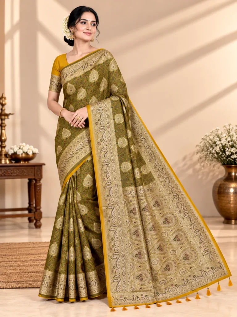 SAARVIYA olive green Satin Silk Saree with antique gold zari