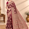SAARVIYA wine maroon Satin Silk Saree with antique gold zari