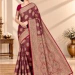 SAARVIYA wine maroon Satin Silk Saree with antique gold zari