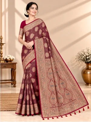 SAARVIYA wine maroon Satin Silk Saree with antique gold zari
