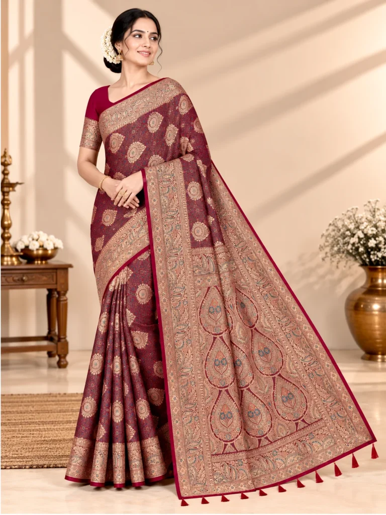 SAARVIYA wine maroon Satin Silk Saree with antique gold zari