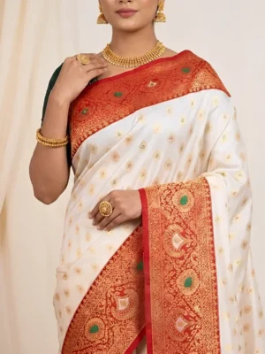 White Red Zari Sarees | Festive & Puja Special White Red Saree for Women Hover Image