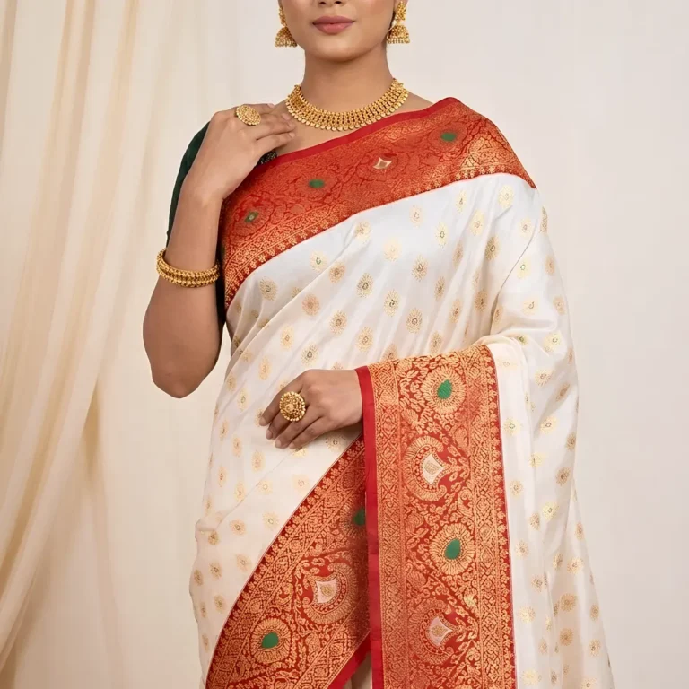 White & Red Zari Saree - Saarviya