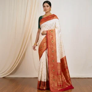 White & Red Zari Saree