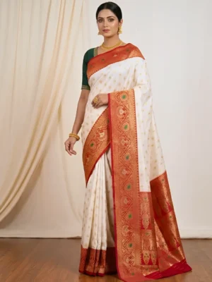 White Red zari Saree - Saarviya