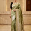 Bamboo Silk Saree for Women in olive green with woven paisley motifs and intricate border