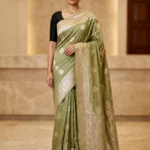 Bamboo Silk Saree for Women in olive green with woven paisley motifs and intricate border