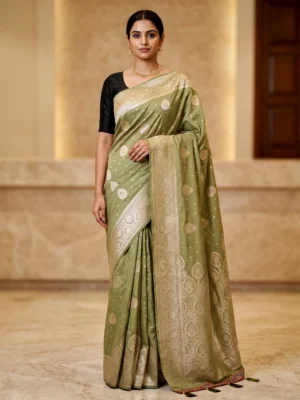 Bamboo Silk Saree for Women in olive green with woven paisley motifs and intricate border