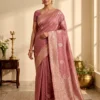 Dusty Rose Bamboo Silk Saree for Women with paisley motifs and intricate ornamental border