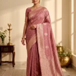 Dusty Rose Bamboo Silk Saree for Women with paisley motifs and intricate ornamental border