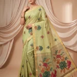 Green Handloom Saree for Women with floral pallu