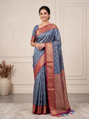 Grey Salem Silk Saree for Women with maroon border and antique gold motifs