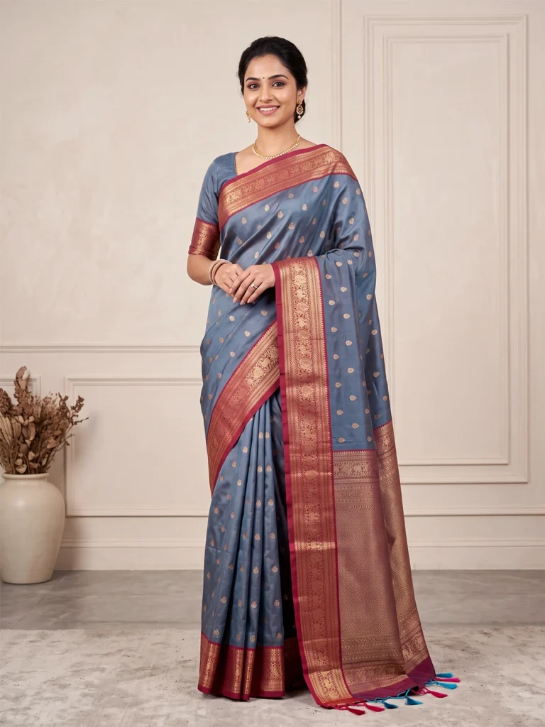Grey Salem Silk Saree for Women with maroon border and antique gold motifs