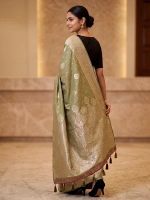Bamboo Silk Saree for Women - Elegant Olive Green Zari Woven Saree Hover Image