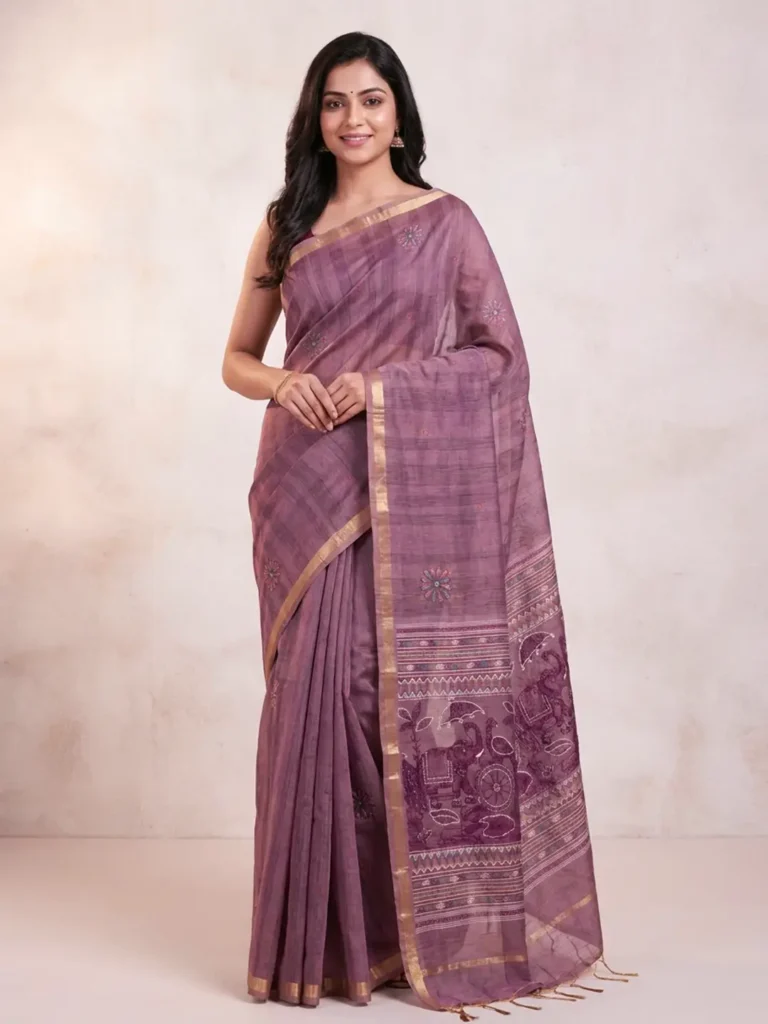 Purple Silk Handloom Saree for Women with floral motifs