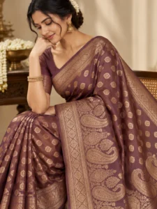 Traditional Bamboo Silk Saree - Mauve Purple with Antique Gold Zari Hover Image
