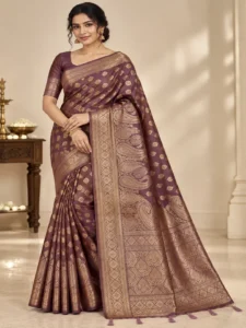 Bamboo Silk Saree in mauve purple with antique gold zari