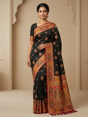SAARVIYA Position Black Silk Saree with red and gold border