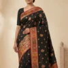 Black Silk Saree with colourful traditional motifs and red gold border