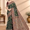 SAARVIYA Kian Satin Silk Saree in bottle green with maroon border