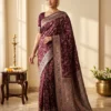 SAARVIYA maroon floral printed saree for women with bird motifs and detailed designer pallu