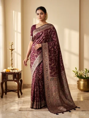 SAARVIYA maroon floral printed saree for women with bird motifs and detailed designer pallu