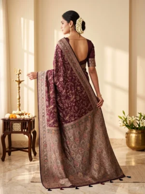 SAARVIYA Maroon Floral Printed Saree for Women with Bird Motif and Designer Pallu Hover Image