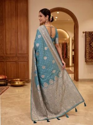 Teal Blue Bamboo Silk Saree for Women - Beautiful Stunning Styles Hover Image