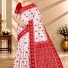 SAARVIYA White Red Saree with traditional red border and detailed pallu