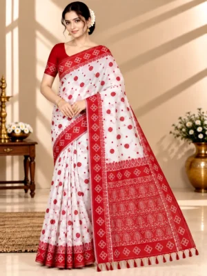 SAARVIYA White Red Saree with traditional red border and detailed pallu