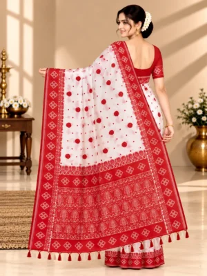 Elegant White Red Saree for Puja & Festive - Traditional Red Zari Border Hover Image