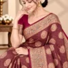 Wine maroon Satin Silk Saree with gold zari motifs and paisley pallu