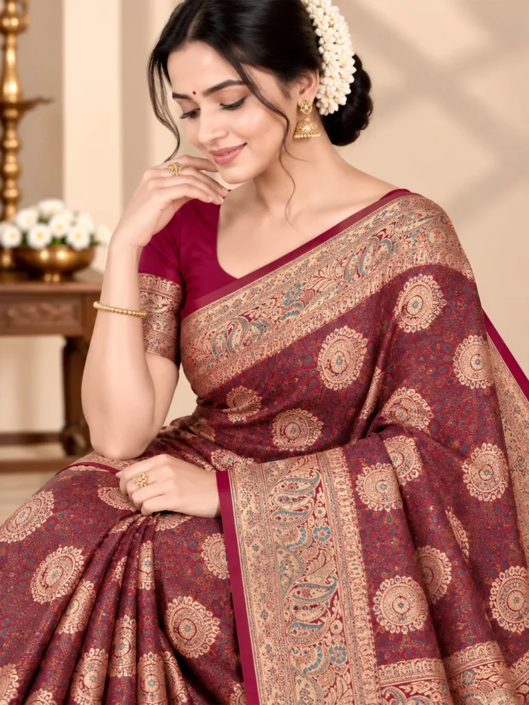 Elegant Wine Maroon Satin Silk Saree with Antique Gold Zari | Saarviya Hover Image